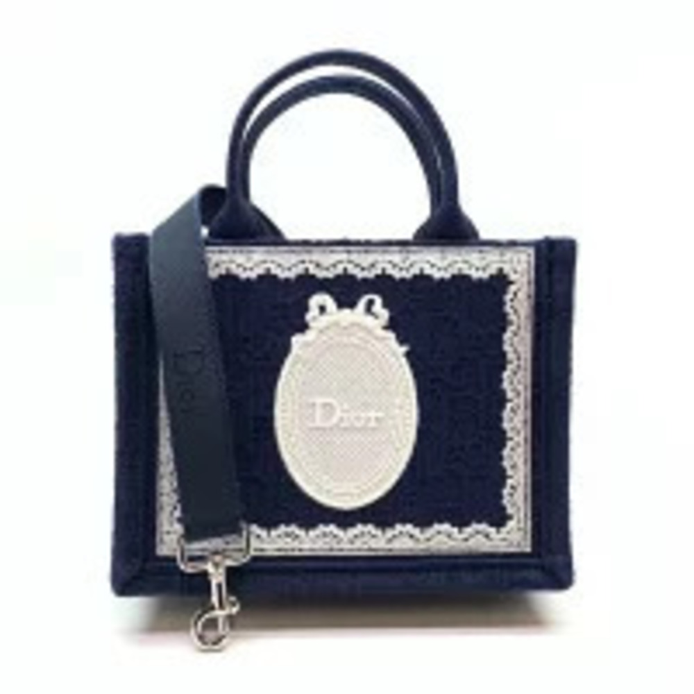 Christian Dior Book Tote Medallion Lace Frame Handbag Shoulder Bag Navy Blue